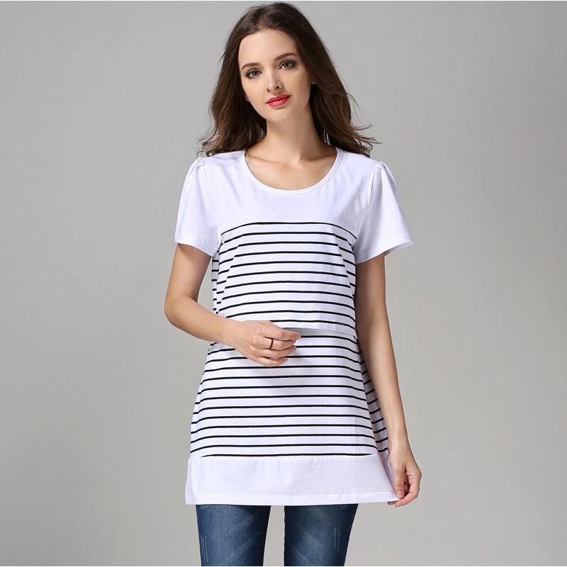 

Summer Maternity Patchwork Stripe Cotton Short Sleeve Plus Size Round Neck Nursing T-shirt Large білий