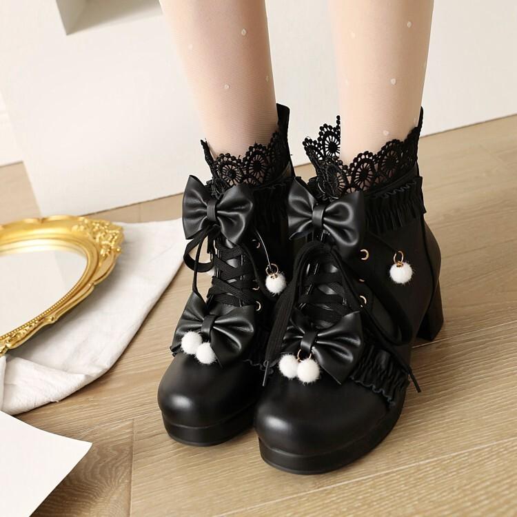 Autumn and Winter New Lolita Short Boots Women and Girls Cute Flower Bow Lace Mesh Martin Boots