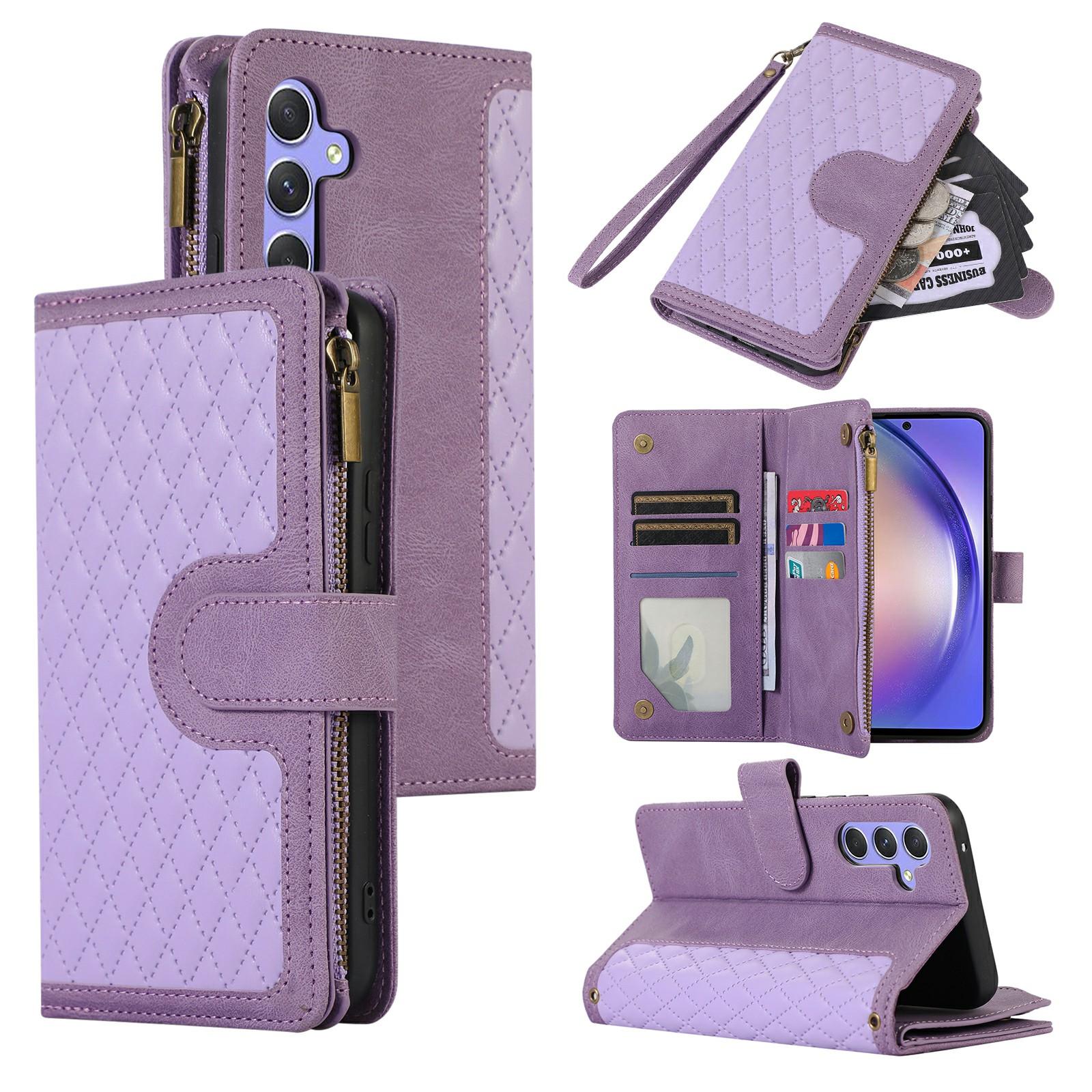 

Чехол для Samsung Galaxy S25/S24 с 9 отделениями для карт, ромбовидным дизайном, кожаная обложка для телефона с ремешком на запястье Purple