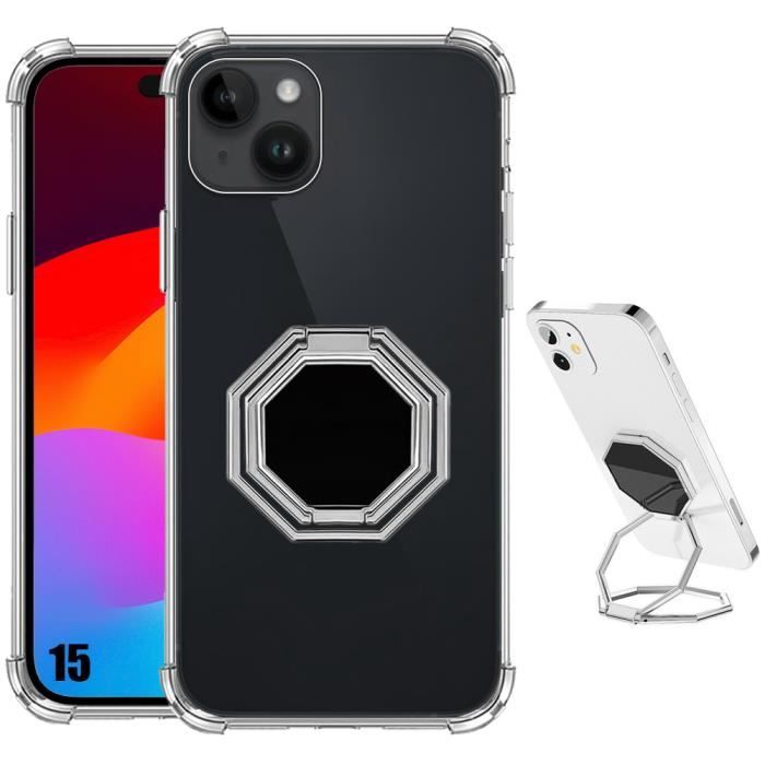Coque pour iphone 15 silicone transparent antichoc avec support métal octogonal