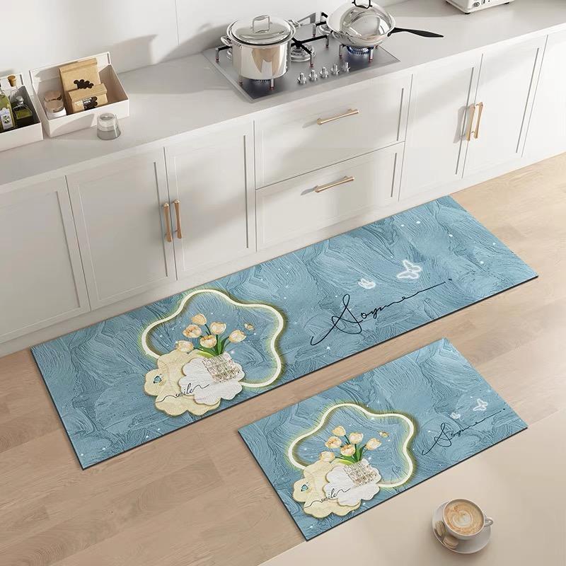 2-teilige Creme Air Küchenbodenmatte Kieselgur Saugfähig, Rutschfest, Anti-Abtropfmatte Lang Waschfrei und Anti-Sturz Teppich