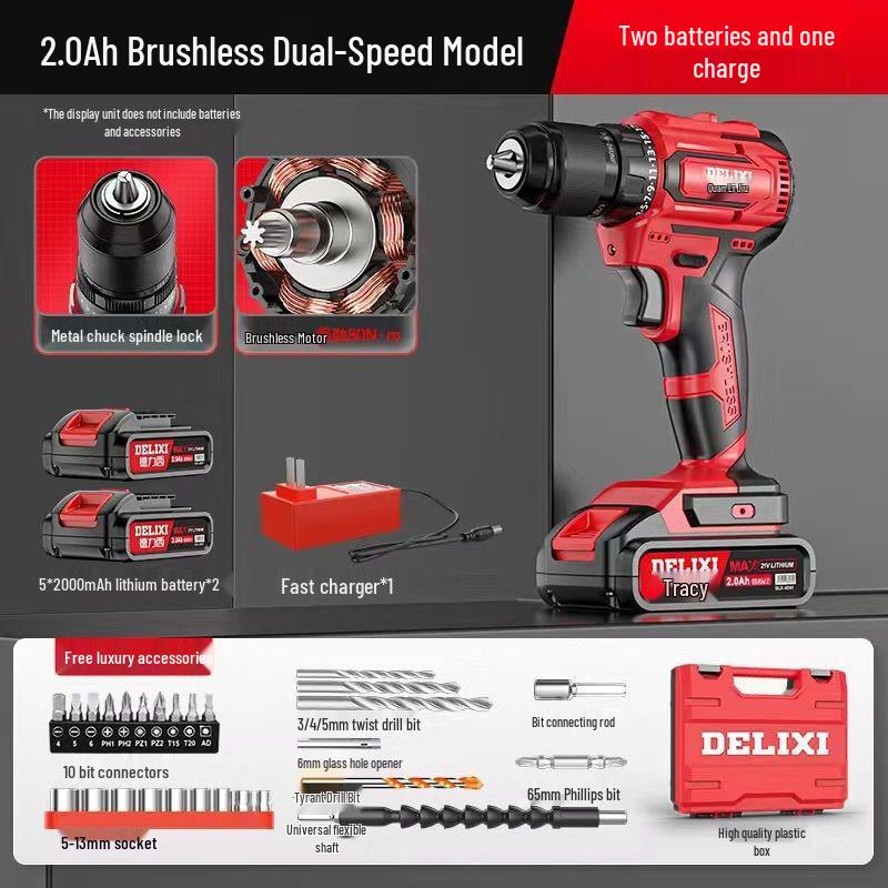 Delixi Brushless Handheld Lithium Battery Drill and Electric Screwdriver with Impact and Rechargeable Features for High-Power Household Use.