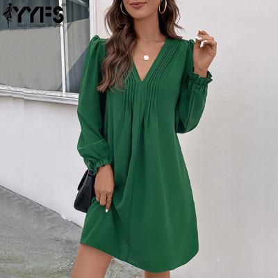 Moda donna primavera autunno tinta unita stampa manica lunga scollo a V vita larga abiti casual