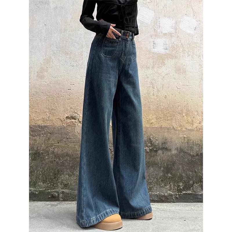 Jeansy damskie plus size retro z wysokim stanem, prostą nogawką i szerokimi nogawkami