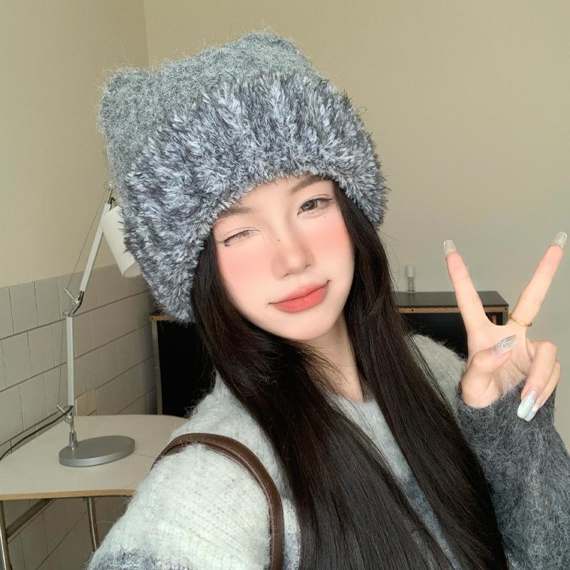 

Hat Women s Autumn and Winter Sweet and Cute Cat Ears Plush Hat Thickened Knitted Warm Hat Outdoor Cold-proof Baotou Hat Korea one size fits all