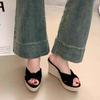 Small person increases height, large size knot slope heel slippers, women's summer wear straw thick-soled beach sandals, one-word drag