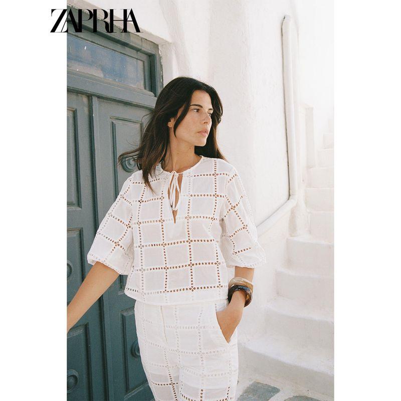 Zaprha 2025 Summer New Fashion Hollow Embroidered Short Round Neck V-neck Puff Sleeve Shirts 8741244
