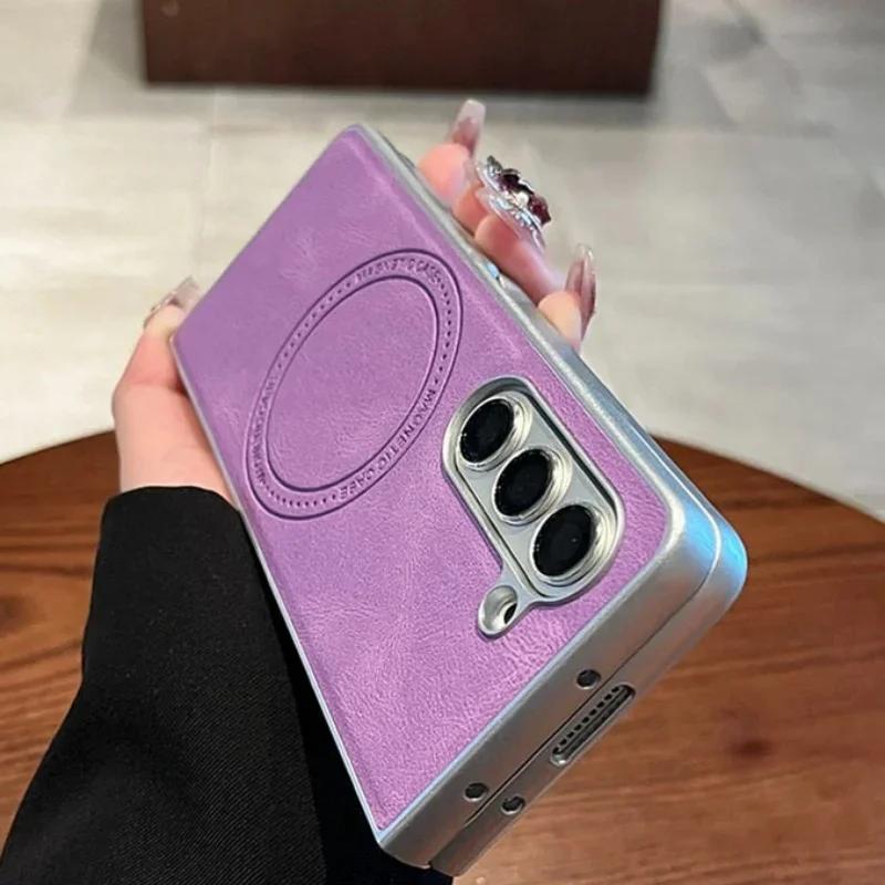 

Розкішний діловий ретро шкіряний чохол для телефону для Samsung Galaxy Z Fold 7 6 5 4 3 Магнітна бездротова зарядка Жорстка протиударна кришка Galaxy Z Fold7 фіолетовий