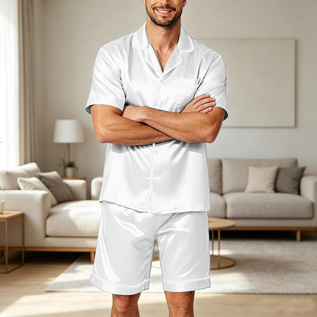 Men Satin Short Sleeve Pajama Set Two Piece Button Down Shirt and Shorts with Pocket Lightweight Sleepwear Lounge Set