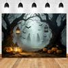 Halloween Full Moon Suburbs Cemetery Backdrop Scary Skull Castle Pumpkin Lantern Family Festival Party Decor Photo Background