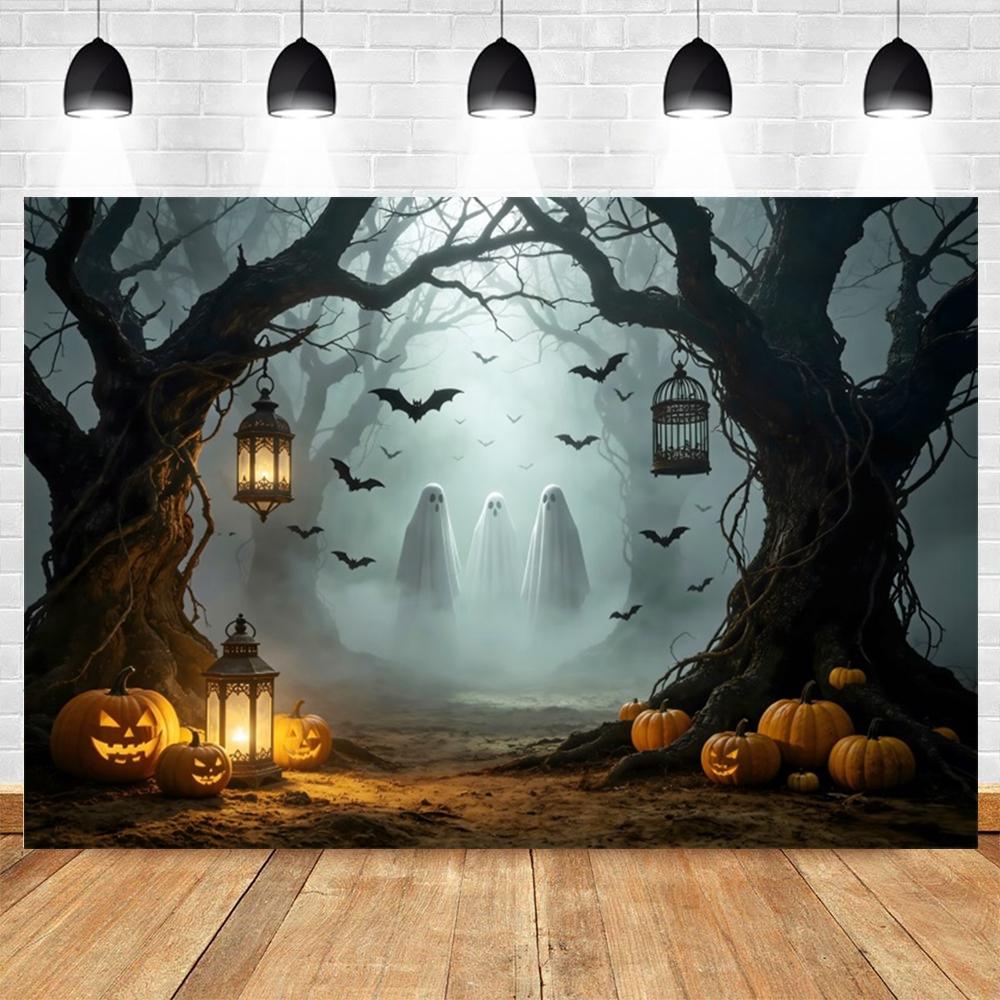 Halloween Full Moon Suburbs Cemetery Backdrop Scary Skull Castle Pumpkin Lantern Family Festival Party Decor Photo Background