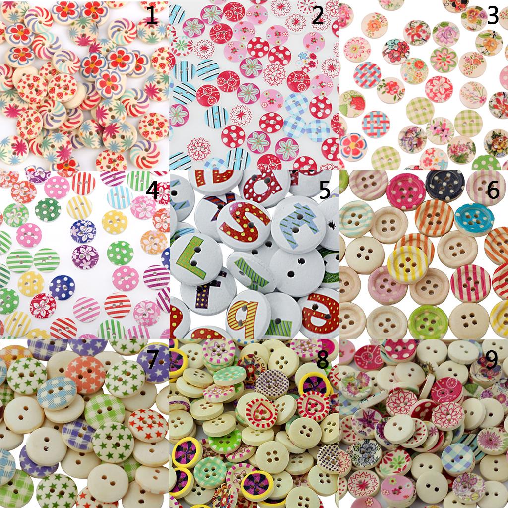 Pack of 100 Painted Colors Round DIY Wooden Buttons for Sewing and Crafting
