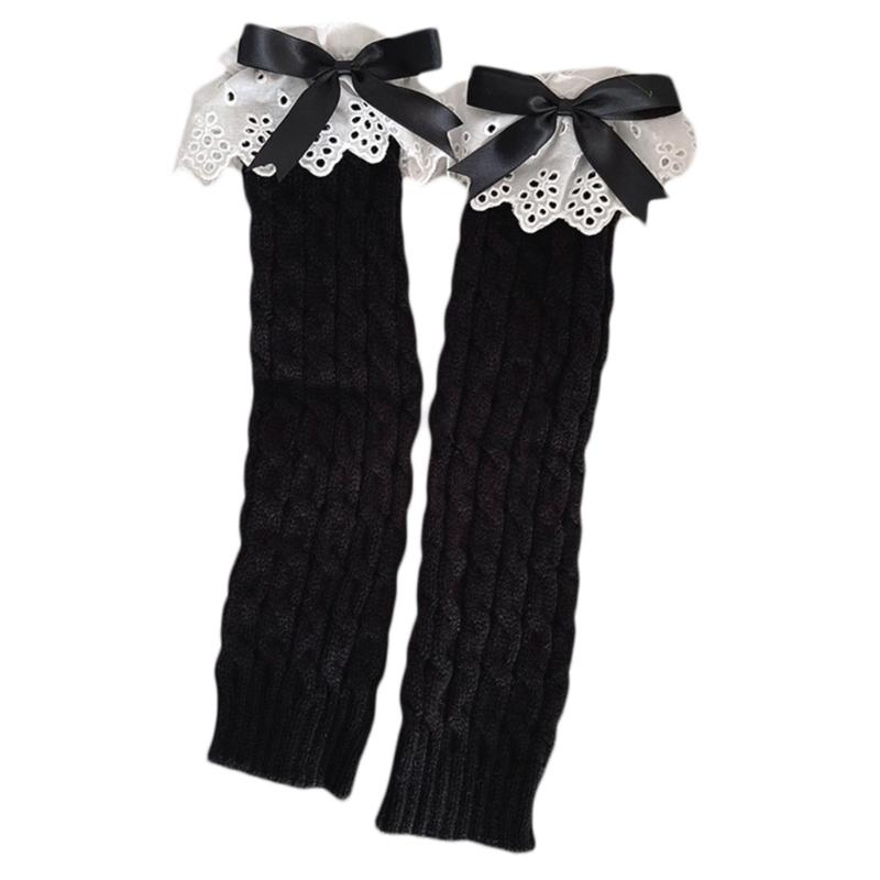 Winter Autumn Twist Cable Knitted Leg Warmers Cute Bowknot Ruffled Lace Foot Covers Middle Tube Calf Socks for Women