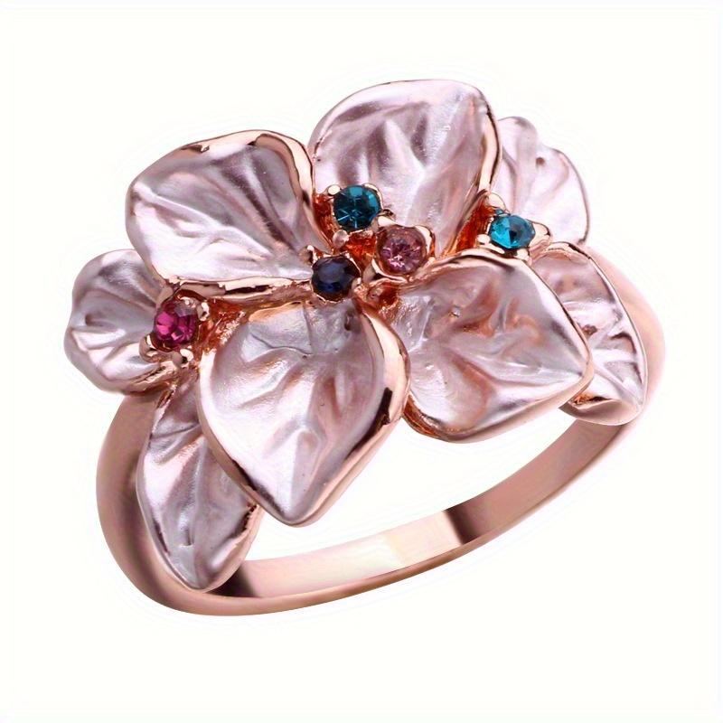 1Pc Rose Gold Flower Ring Set with Synthetic Zircon, Suitable for Daily Wear
