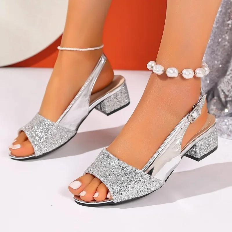 Fashion Shoes Female 2025 Summer New Women's Peep Toe Sandals Fashion Round Toe Med Heel Buckle Strap Sandal for Plus Size Daily Dress