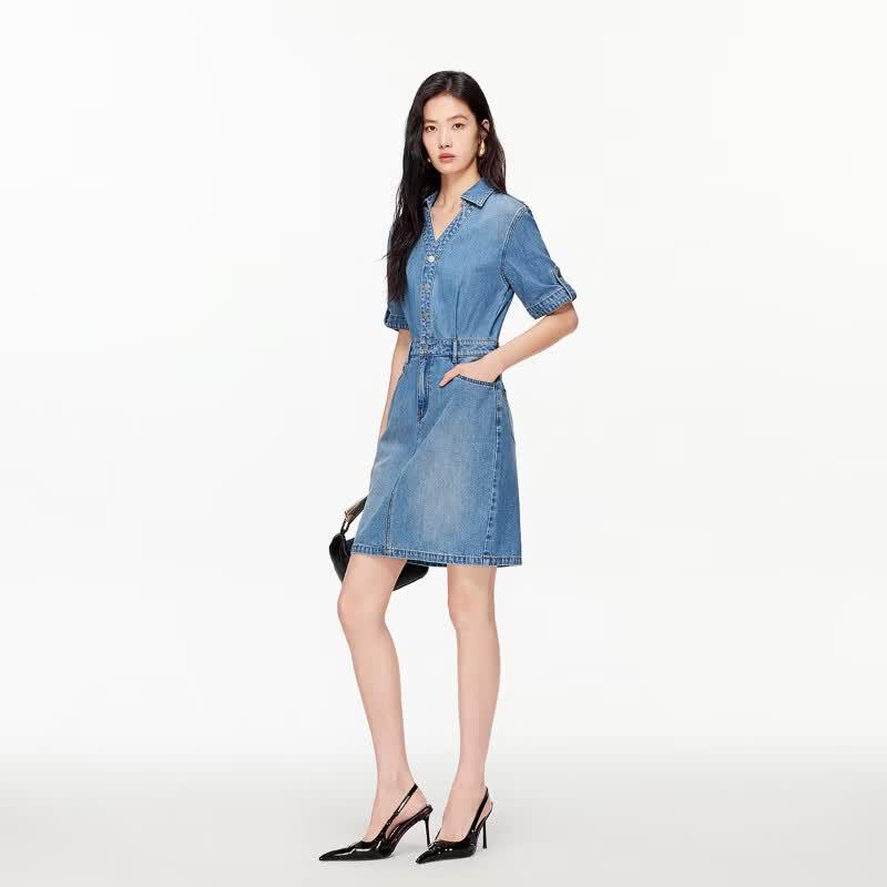 VERO MODA Lyocell Blend Detachable Ribbon Denim Dress