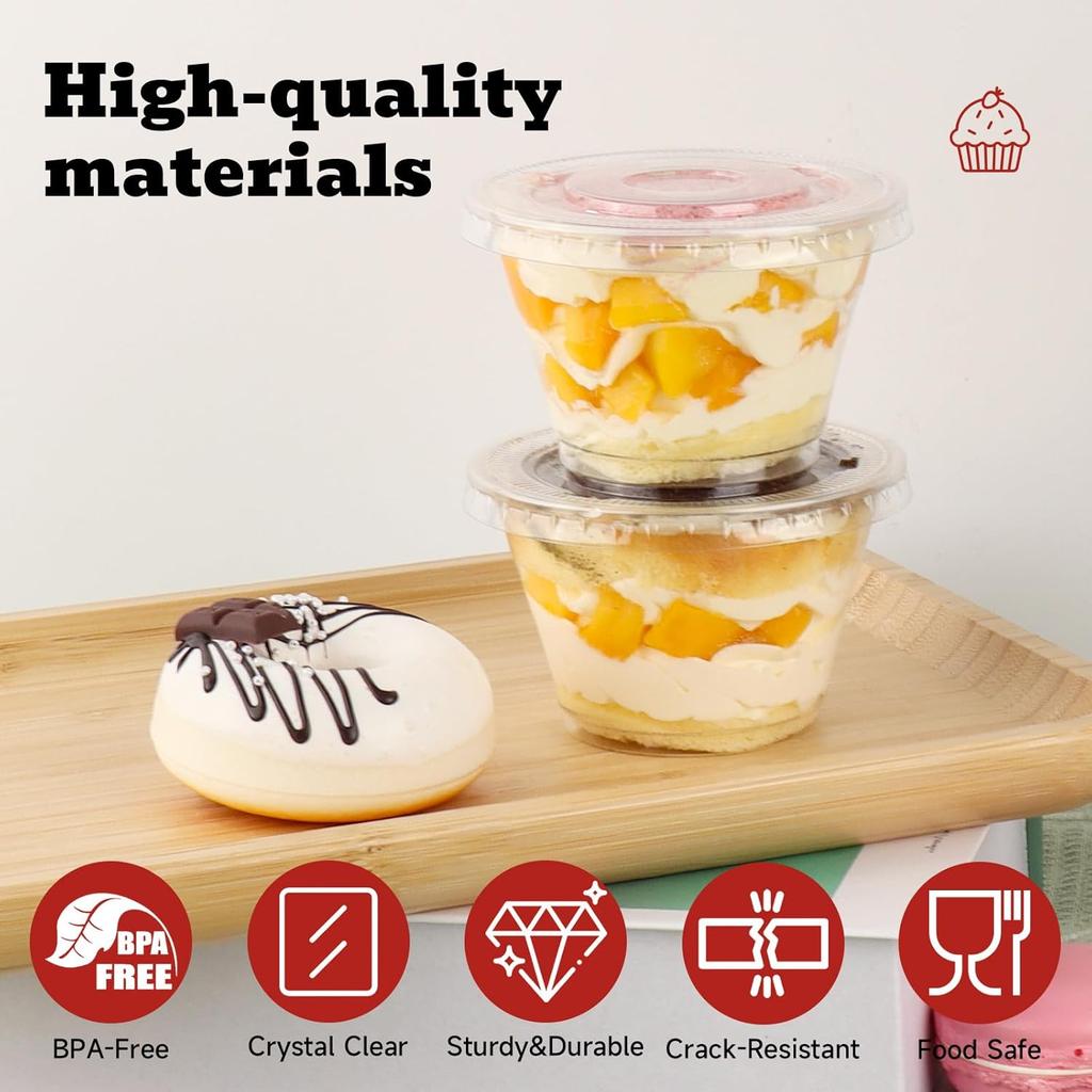 100 Sets 7 oz Clear Plastic Cups with Lids No Hole, Fruit Cups with Lids, Disposable Cup for Dessert, Parfait, Ice Cream, Yogurt, Pudding, Cake, Cold