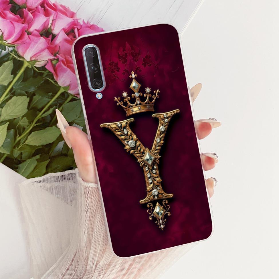 For Huawei Y9s Case Transparent Luxury Crown A-Z Letters 2D Painted Soft Casing For Huawei Y9s STK-L21 STK-LX3 STK-L22 Cover