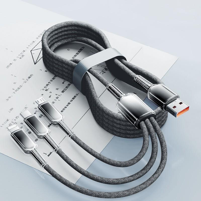 Crystal Gradient Braided Three-in-One Charging Cable for Huawei, Apple, and Android.