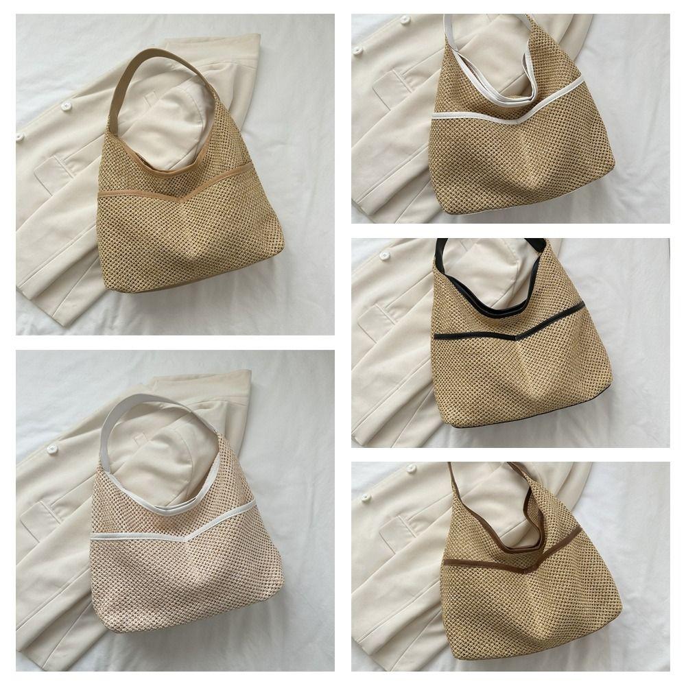 Large Capacity Straw Shoulder Bag with Pocket Underarm Tote Bag Trendy Woven Handbag  Outdoor