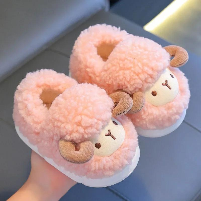 Winter Children Cotton Slippers Boys Girls Warm Anti Slip Home Slipper Fashion Cute Cartoon Alpaca Kids Parent-Child Plush Shoes