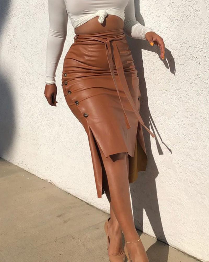 Europeisk & Amerikansk Lær Splitt Bodycon Midi Skjørt - Dames Slim Fit PU Skjørt