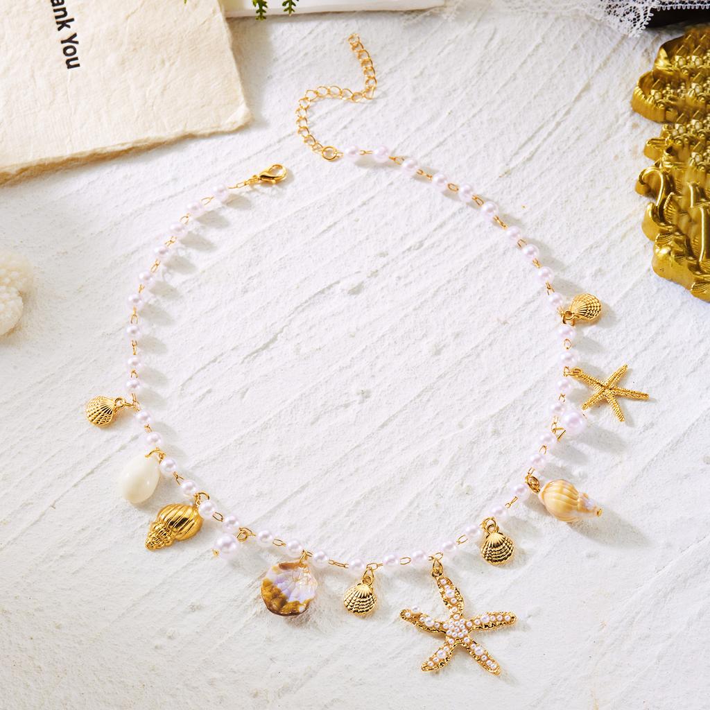 Ocean Style Imitation Pearl Starfish Shell Pendant Bracelet for Women Boho Conch Metal Chain Bangles Summer Beach Party Jewelry