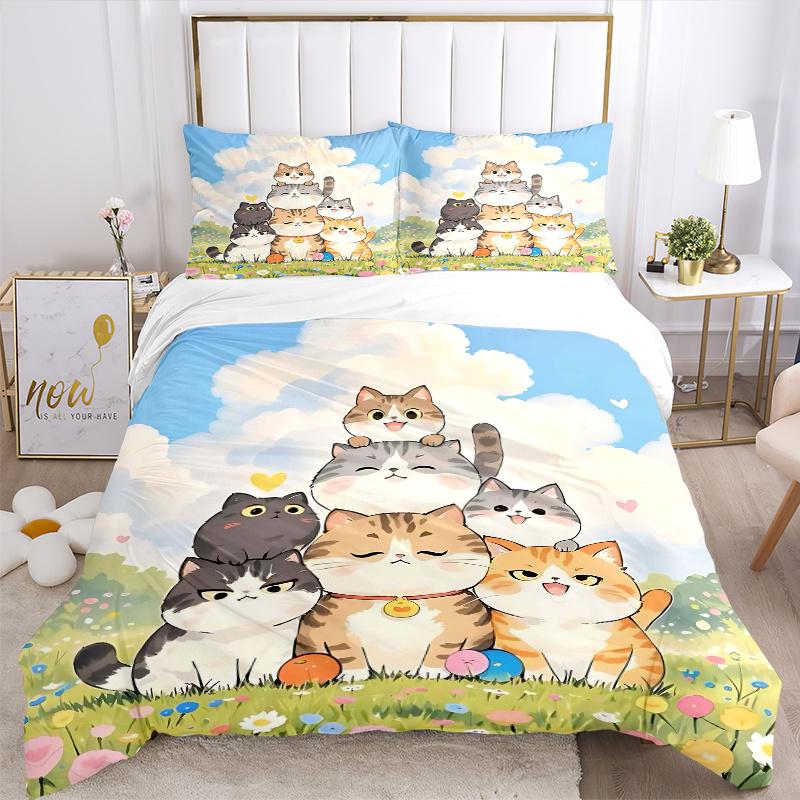 3pcs Seven Happy Cats Bedding Set, Including 1 Quilt Cover and 2 Pillow Shams, Without Filling, Soft and Comfortable Home Bedroom Fabric, Fa