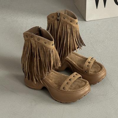 Fashion Cool Boots for Women with Tassel,willow Nail,height Increase 2025 Summer New Roman Sandals Fashion Short Boots Botas Para Mujer