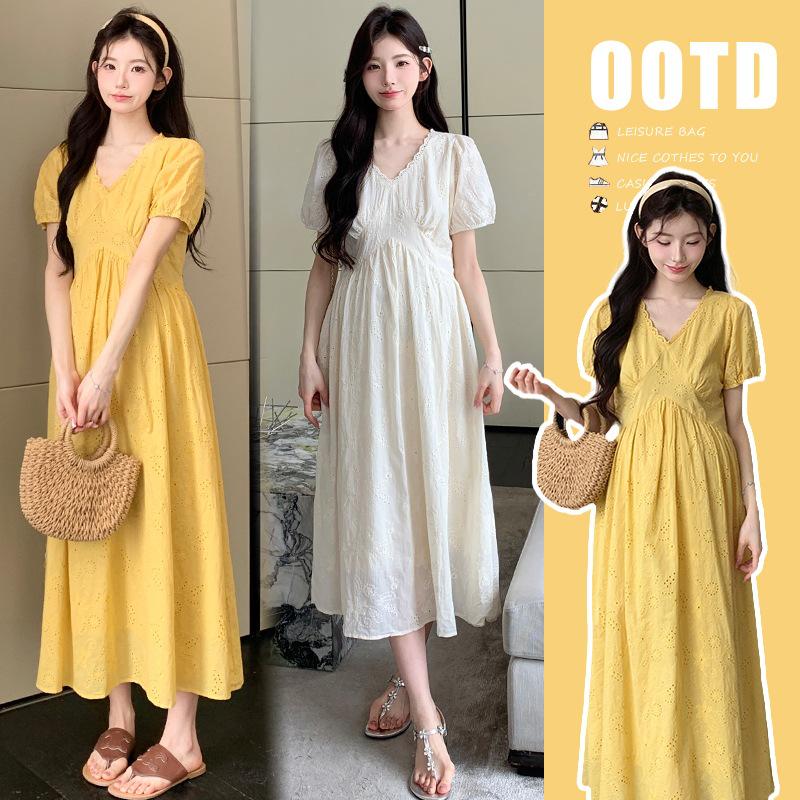 2026 Summer V-Neck Embroidered Slimming Maternity Dress 2XL