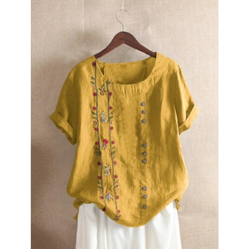 

Летние винтажные хлопковые льняные вышитые свободные повседневные футболки с короткими рукавами для женщин XXL жёлтый