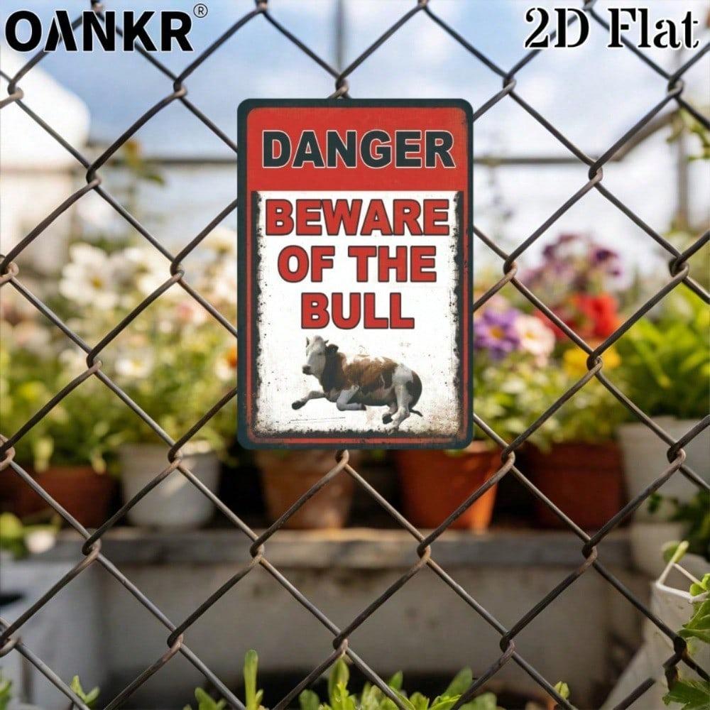 Vintage Beware of the Bull Metal Tin Sign 12x8 Inch, Retro Warning Art for Man Cave Garage Farm Bar