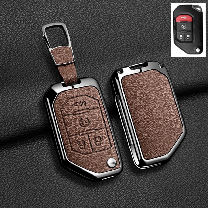 Convient Pour Jeep Gladiator Jt Sahara Jlu Wrangler Jl Rubicon Alliage de Zinc Cuir Véritable 2 3 4 Boutons Housse Étui Porte-clés pour Clé de Voiture Accessoires Auto