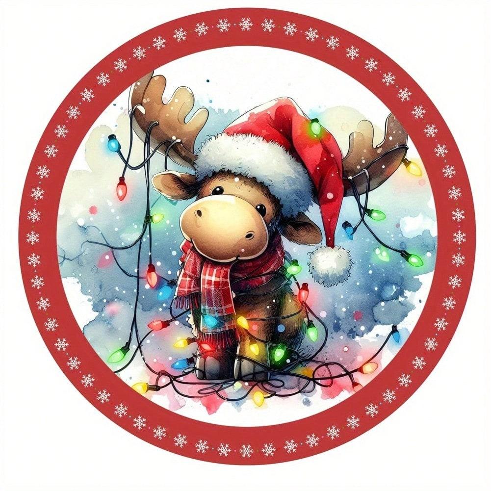 Festive Moose with Santa Hat Scarf Christmas Metal Wall Art Holiday Decor for Home Office 20x20