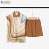 ZANZEA Women Print Shirt and Shorts Summer Two Piece Suit Sets