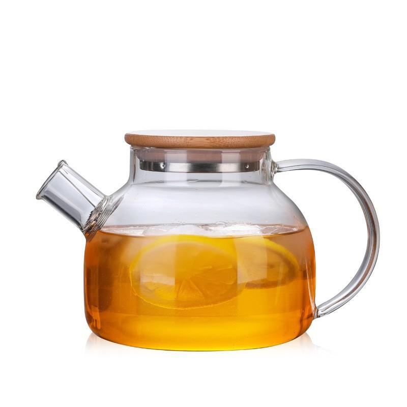Large Capacity Glass Cold Water Kettle with Bamboo Wrapped Steel Lid for All Seasons, Household Cold Water Kettle with Filter Wire Filtration
