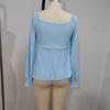 Women V Neck Drawstring Ruched Solid Color Loose Long Sleeve Casual T Shirt