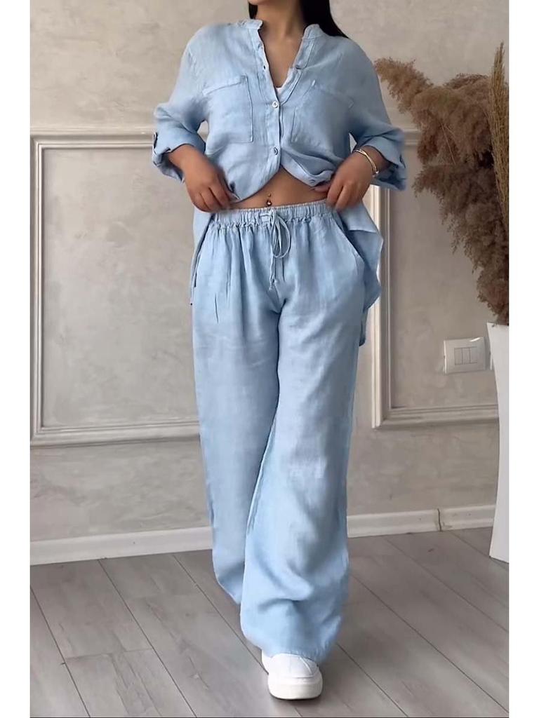2024 Damen Einfarbig Einreihig Langarmhemd & Weitbein Hosen mit Bindegürtel Set