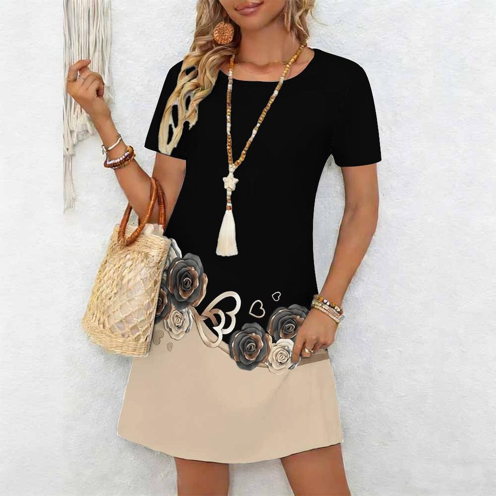 Women's Fashion Graceful Beautiful Flowers and Grass Print Summer Spring Short Sleeve O-Neck Casual Dresses