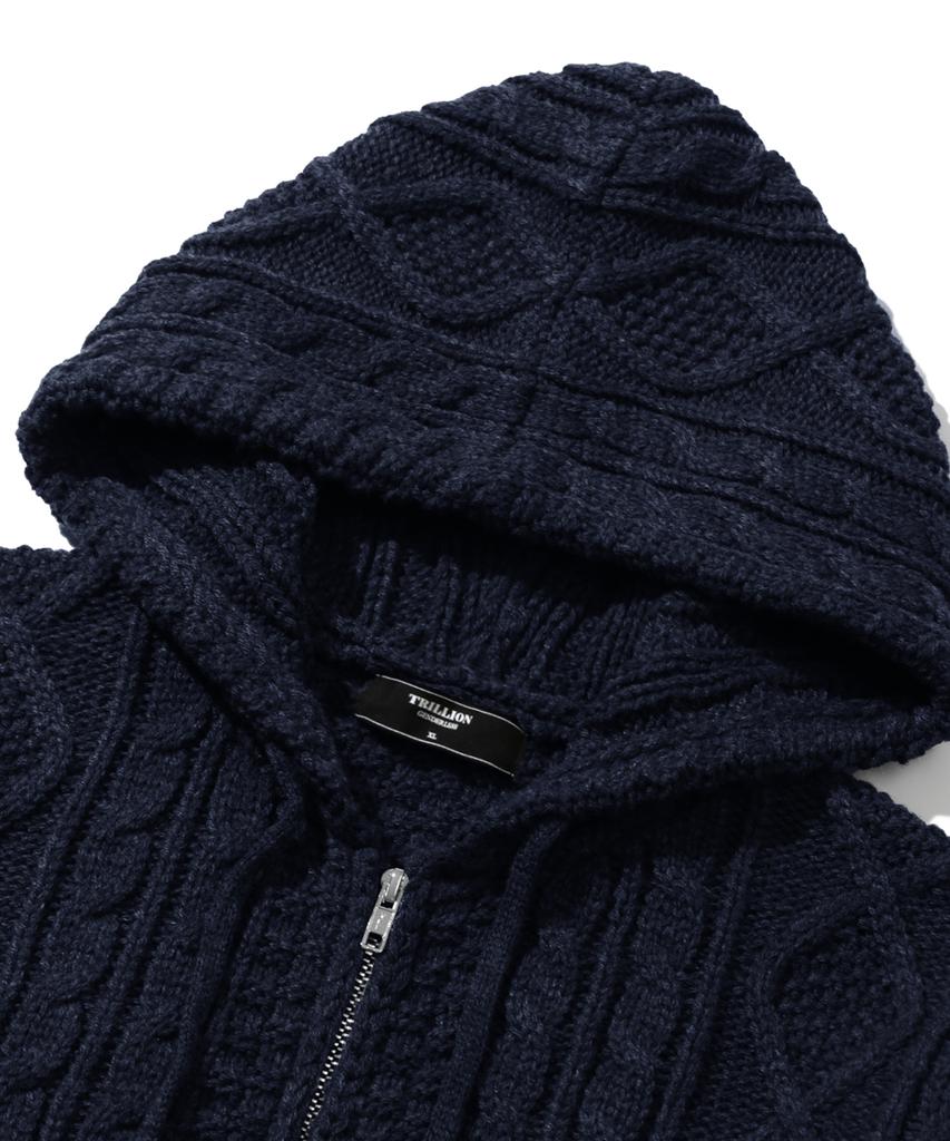 TRILLION Washable Aran Cable Hooded Zip-Up Knit (Current Navy)