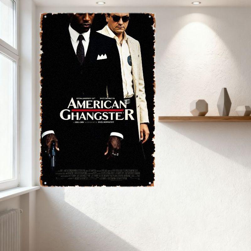 American Gangster Vintage Metal Tin Sign, Denzel Washington & Russell Crowe Crime Drama Poster, Rustic Aged Metal Border for Man