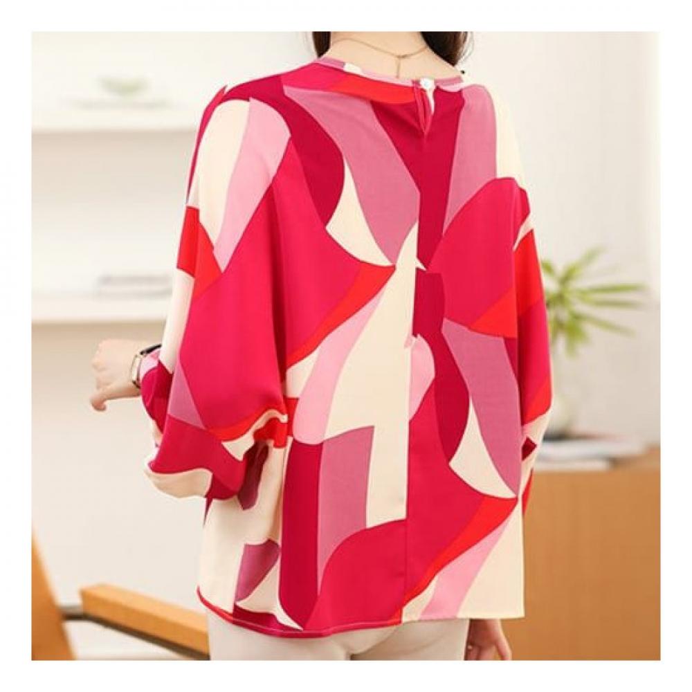 Navava Women Vintage Color Block Pattern Round Neck 3 4 Sleeve Blouse Nb1852