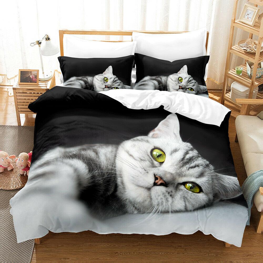 Cat Soft Duvet Cover Set Young Girls Young Boys Lovely Blue Cat 3D Print Beding Set Bold Blue Animal Double Quen King-Sized Dimensionsd Dimensions