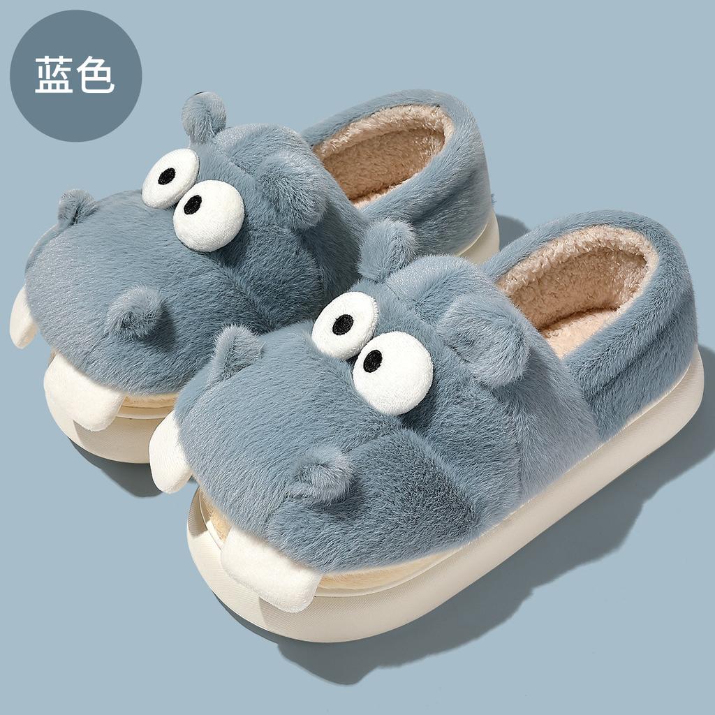 Cartoon hippo cotton shoes women's winter indoor home hair slippers cute warm velvet soft-soled cotton slippers men