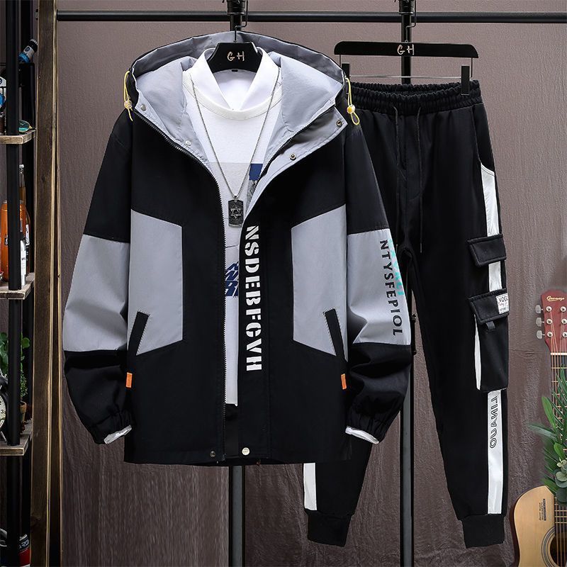 Men's Plus Size Spring and Autumn Jacket Set, Casual Loose Jacket+Pants, Student Sports Two Piece Set