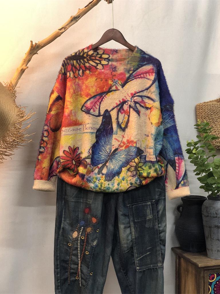 Autumn Winter Knit Loose Casual Long Sleeve Sweater with New Print Pattern