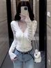 Women's Autumn/Winter White V-Neck Lace Velvet Lined Slim-Fit Top