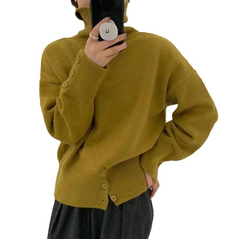 High-necked pullover sweater for women's autumn and winter new loose soft waxy lazy style long-sleeved knitted sweater top for women