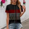 Ummer Round Neck Color - Block Stripe 3D Print Top Fashionable Casual Short Sleeved Women's T-shirts