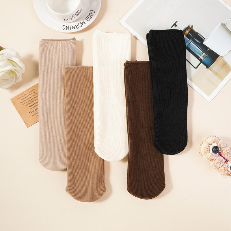 Șosete Groase de Iarnă cu Pluș Călduros Șosete de Bumbac Culoare Solidă pentru Femei Ton Pământiu Șosete Simple Medii